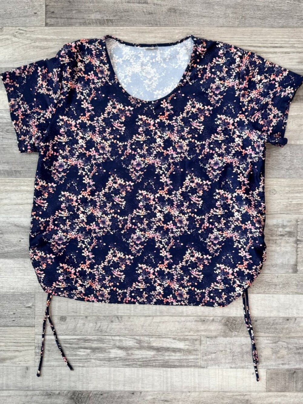 Modli Navy Coral Floral Short Sleeve Swim Top Size 3X Side Ruched G31